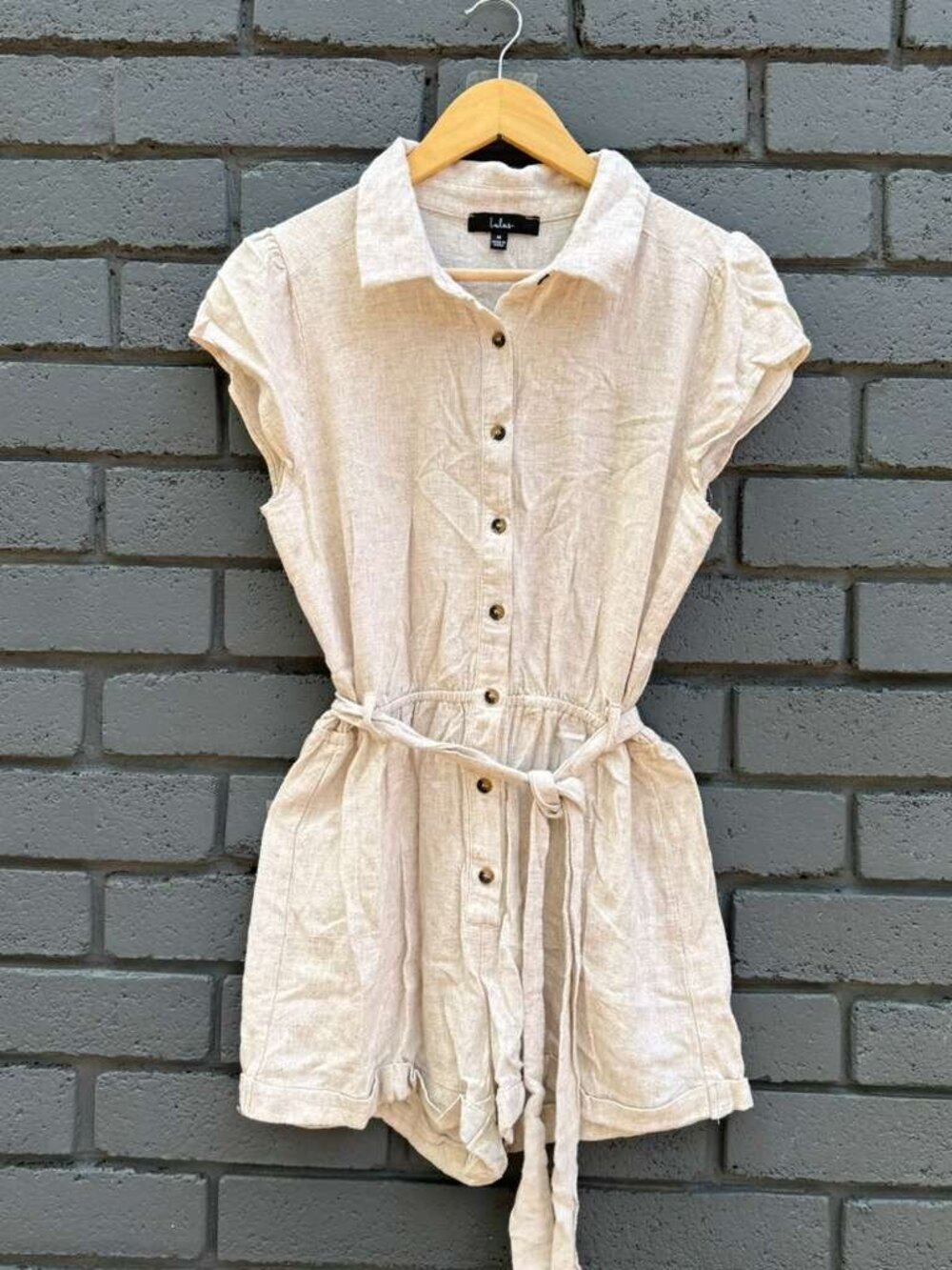 Lulus Linen Oatmeal Belted Shirt Romper Collared Button Up Summer Flowy Shorts M